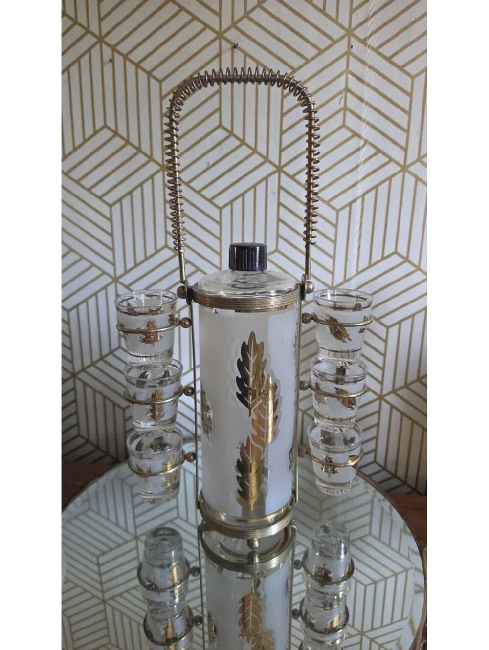 Vintage Libbey Starlyte Gold Leaf Foliage Barware Decanter/ Shot Glass Set Caddy